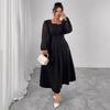 This Elegant Long Dress Features A High-waisted Pleated Design, A Square-neck Long-sleeved Plus-size Dress