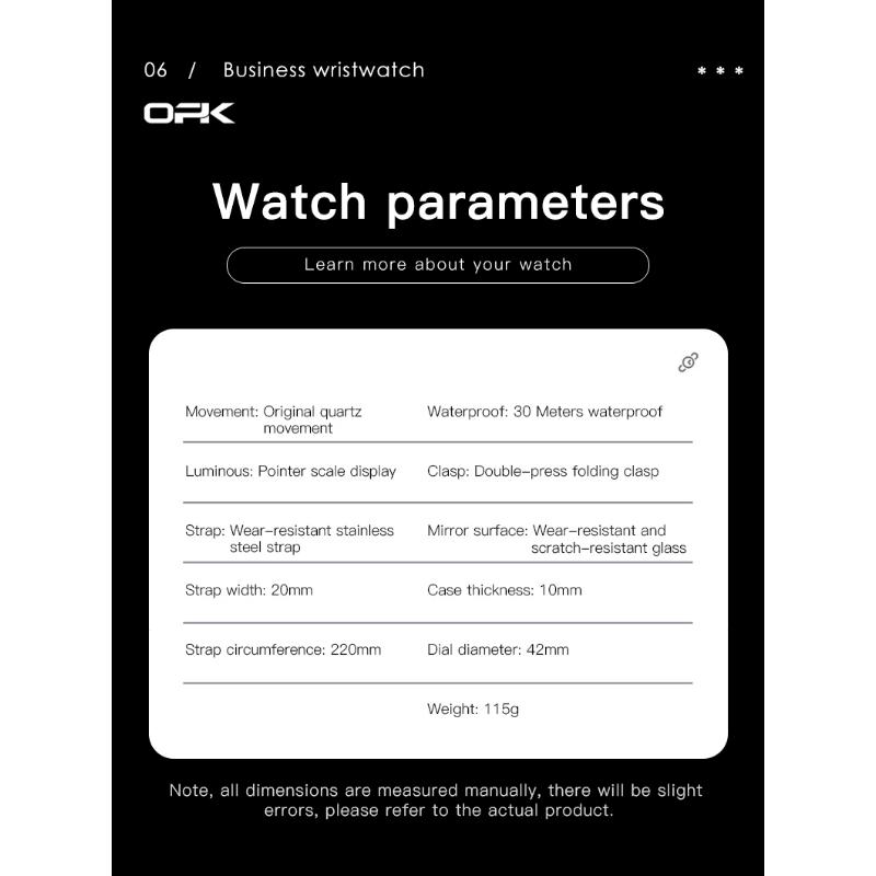 OPK Dual Calendar Luxury Quartz Watch For Men Diamond Roman Scale Business Hand Clock Waterproof Fashion Original Man Watch