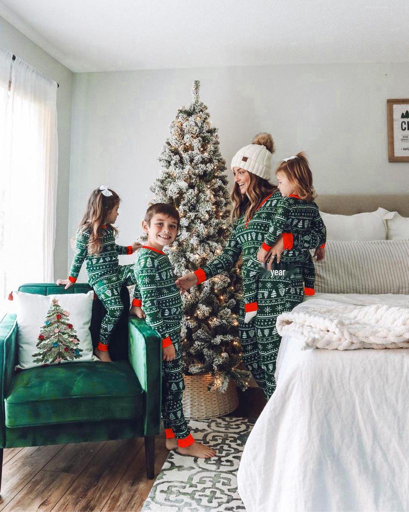Weihnachtsbaum-Print Eltern-Kind-Pyjama-Set mit Color-Blocking-Design