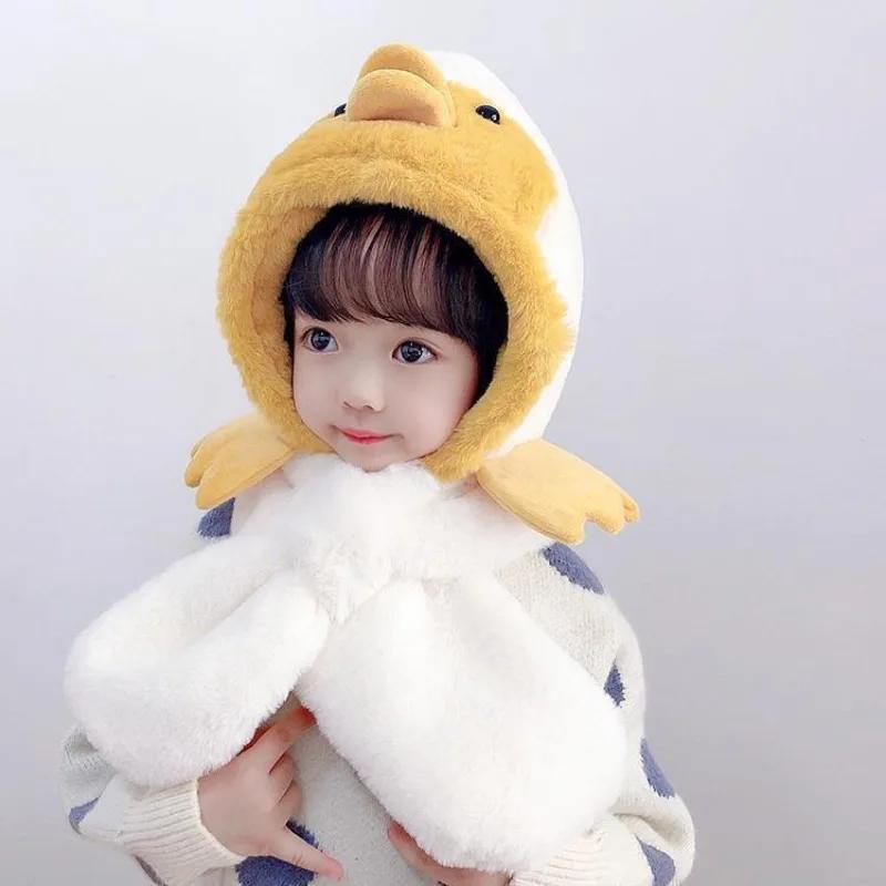 Children Cartoon Scarf Hat Girls Boys Scarf Thicken Cap Double Fleece Warmth Child Adult Parent-child Hat Kids Accessories