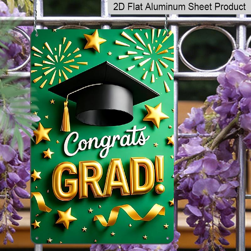 Plat 2D 1 pièce "Félicitations DIPLÔMÉ(E) !""" Panneau Décoratif Mural en Métal Aluminium - 20x30 cm Décor de Remise de Diplôme Vert & Doré, Art Mural Chapeau de Diplômé & Feux d'Artifice, Parfait pour"""