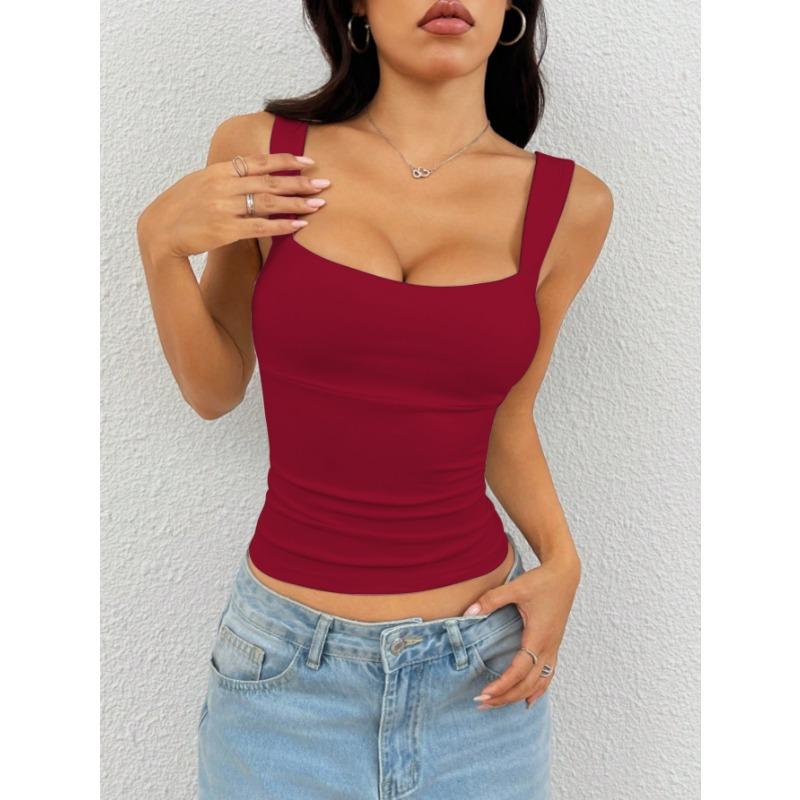 Summer Women's Clothing Casual Stretchy Square Neck Sleeveless Basic Cami Top