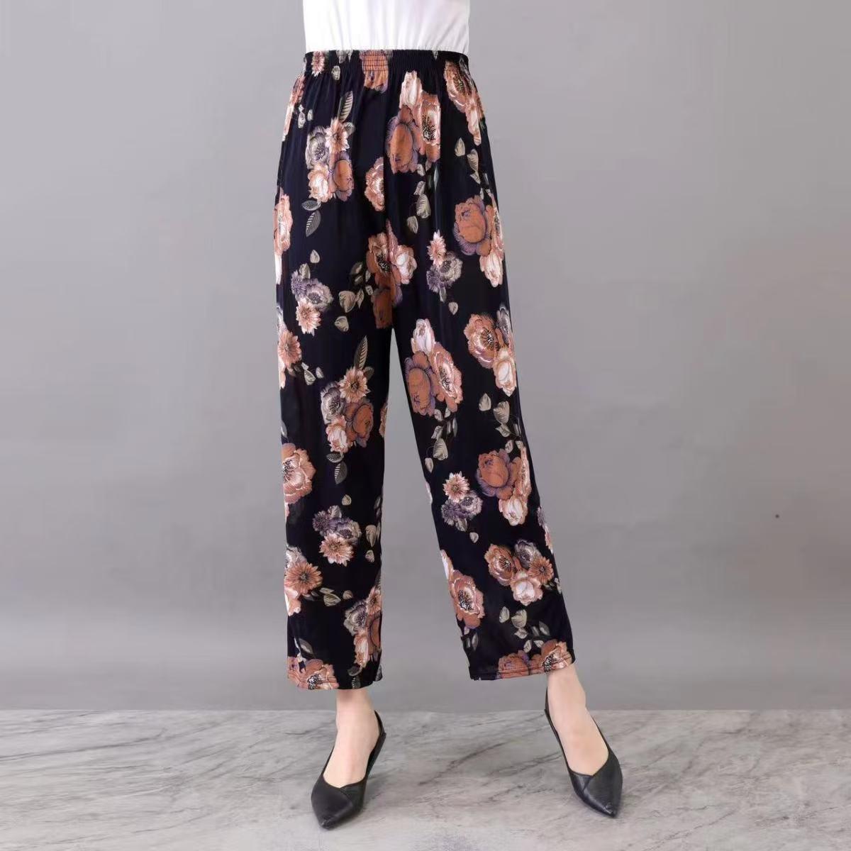 

Повседневные летние женские брюки большого размера из ледяного шелка с высокой талией для женщин среднего и пожилого возраста One Size (100-160 jin)