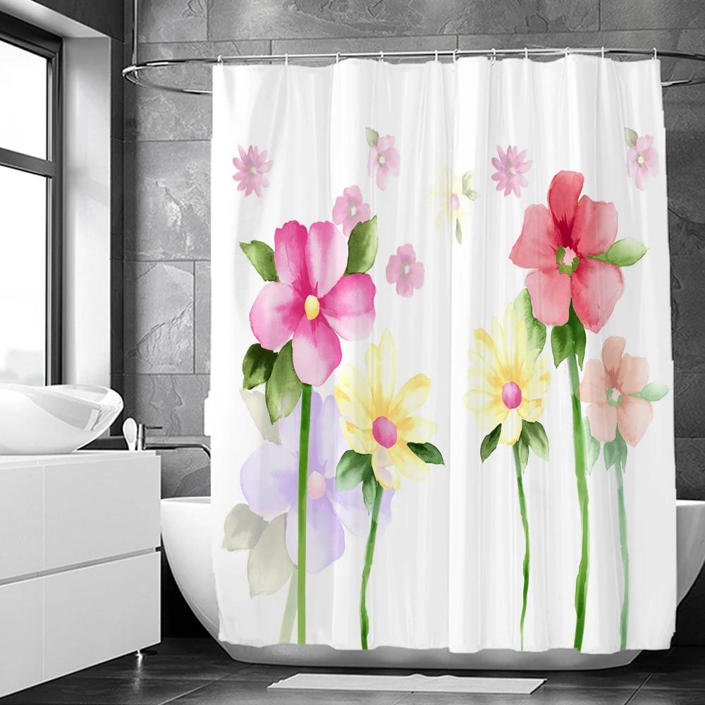 Elegant Flowers Shower Curtain 180x180cm Floral Shower Curtain Polyester Bath Curtain Bathroom Decor Machine Washable With Hooks