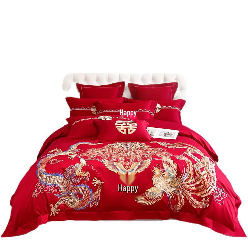 Luxury Dragon & Phoenix Embroidered Wedding Bedding Set - Red Bridal Room Dowry Sheet & Duvet Combo