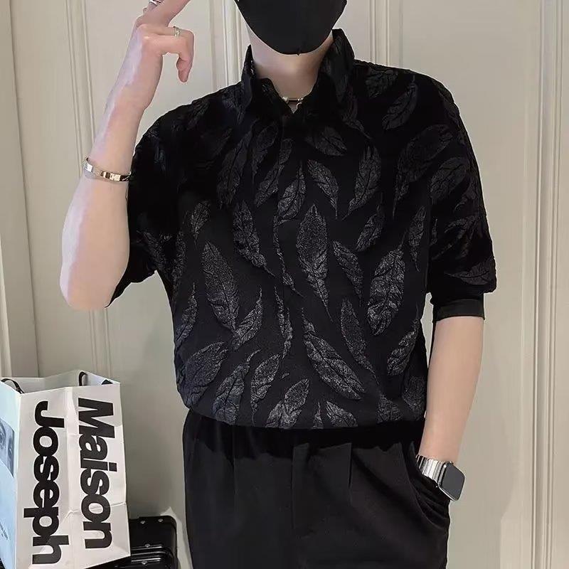 

Men s 2023 Yuppie Style Textured Leaf Short Sleeve Polo Shirt XL чорний