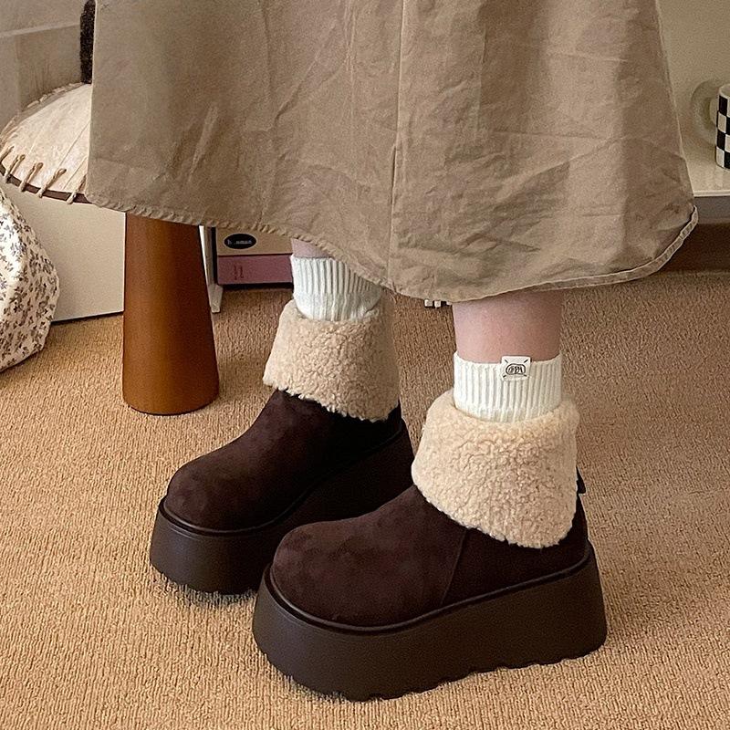 Thick-soled Heightening Snow Boots Women's  Winter Plush Warm Fluffy Short Boots Fashionable Ugly Cute Big-headed Cotton Shoes