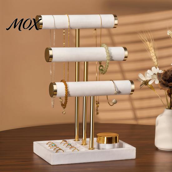 Countertop Jewelry Holder 3 Tier Velvet Organizer, T-shaped for Bracelet, StorageRack Necklaces Rings, & Earrings, Stand with Storage Tray Display