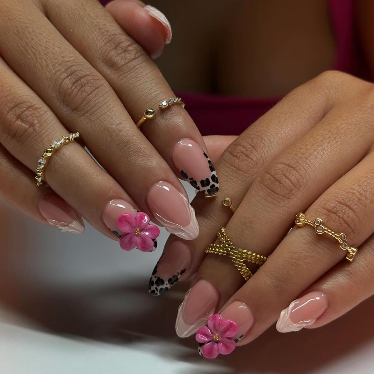 Sweet Spicy Pink & White Gradient Almond Nails with Cow Print & 3D Flower Design