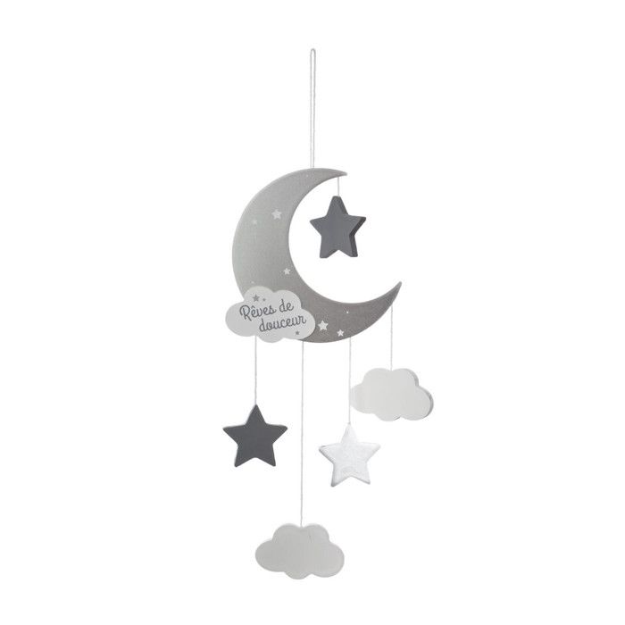 Suspension Enfant - ATMOSPHERA - Lune - Bois MDF Et Coton - Gris - H46,5 Cm