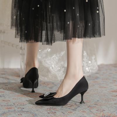 High Heels Women's Stiletto 2025 Spring New Pointed Bow Black Temperament Muse Fan French Fashion Shoes