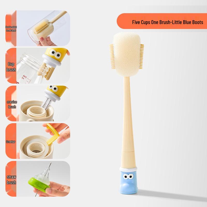 Five-in-One Long Handle Brush Set: Multi-functional for Small Boots, Insulated Cups, Baby Bottles, and Cleaning Sponges.