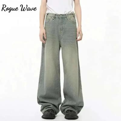 RogueWave Men Denim Pants Straight Droop Vintage Loose Bottom Straight Wide Leg Casual Male Trousers Korean Style