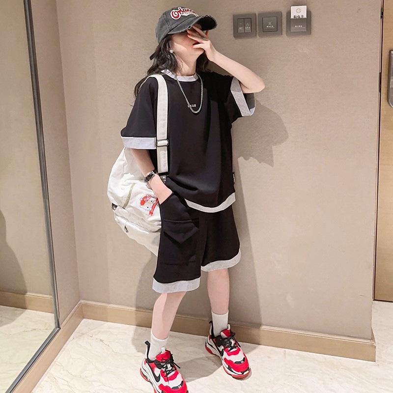 

Стильный летний спортивный костюм-двойка для девочек 2024 года: Шорты и топ для детей 170 cm чёрный