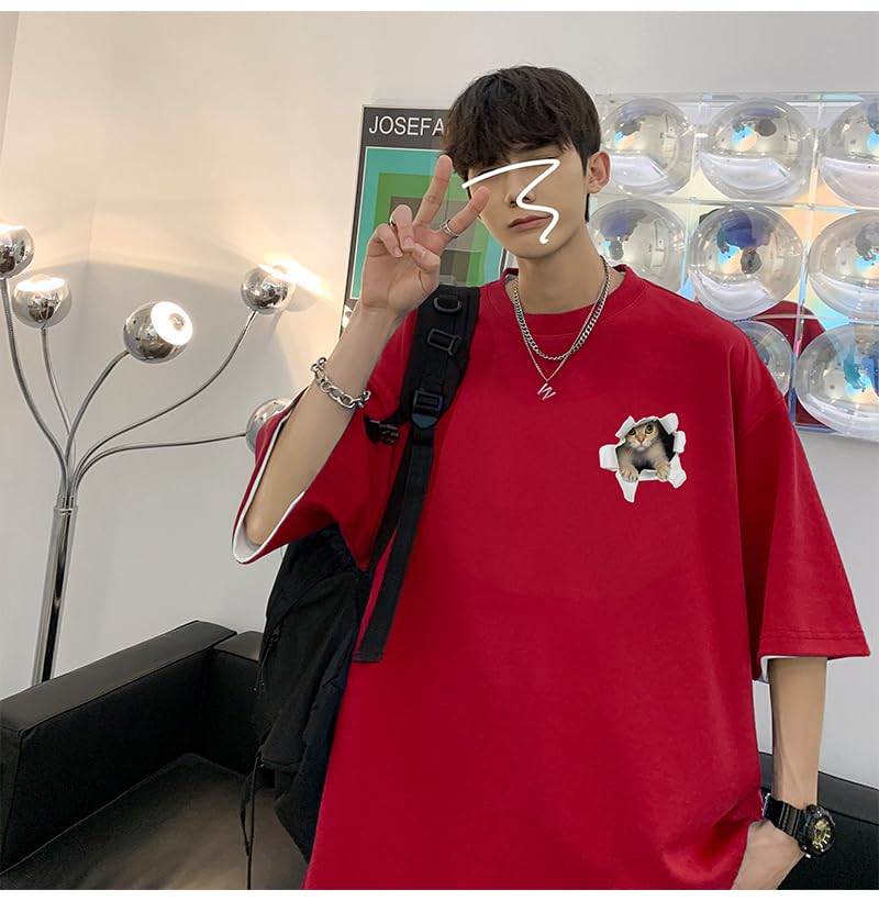 BUTMYJ Summer Cat Print Cute and Funny 3D Cat with a Lively Cat Back Plus Round Street Loose Solid Short Sleeves Men's T-Shirt, T-Shirt Print, Sizes,