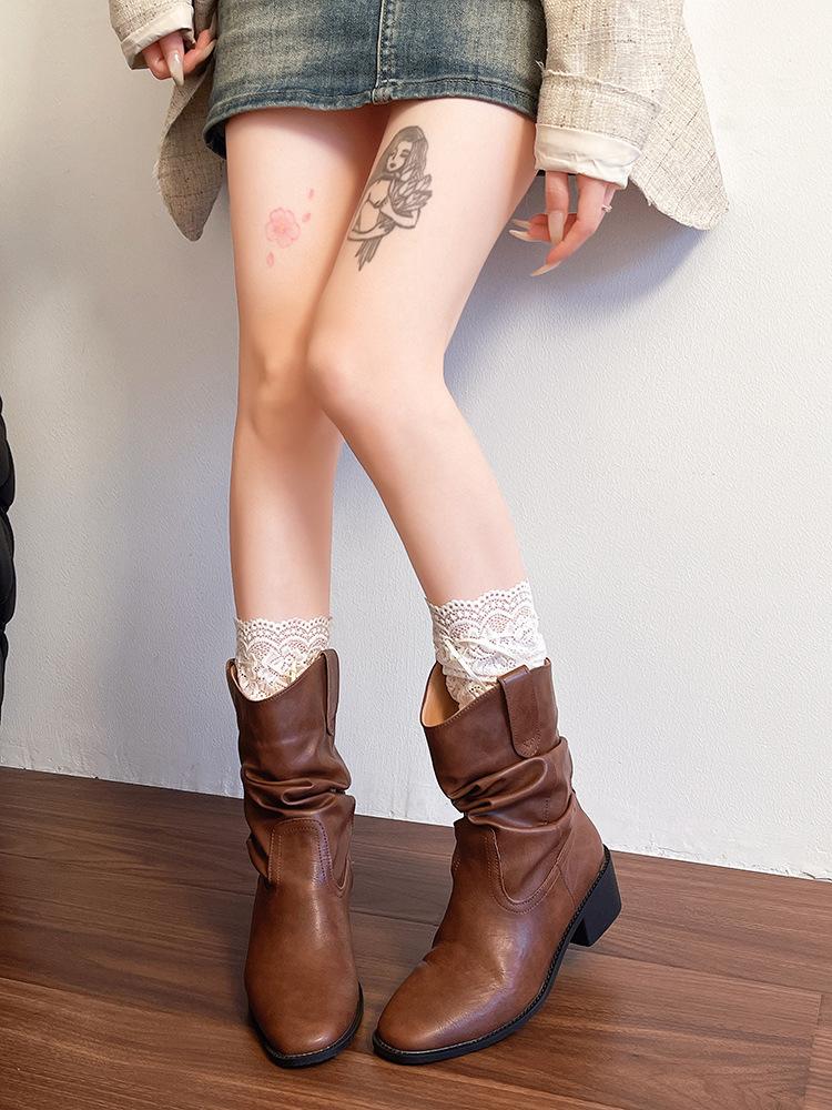 Knight boots women's 2025 new long tube thick heel Maillard brown tall boots retro suede pleated pile boots