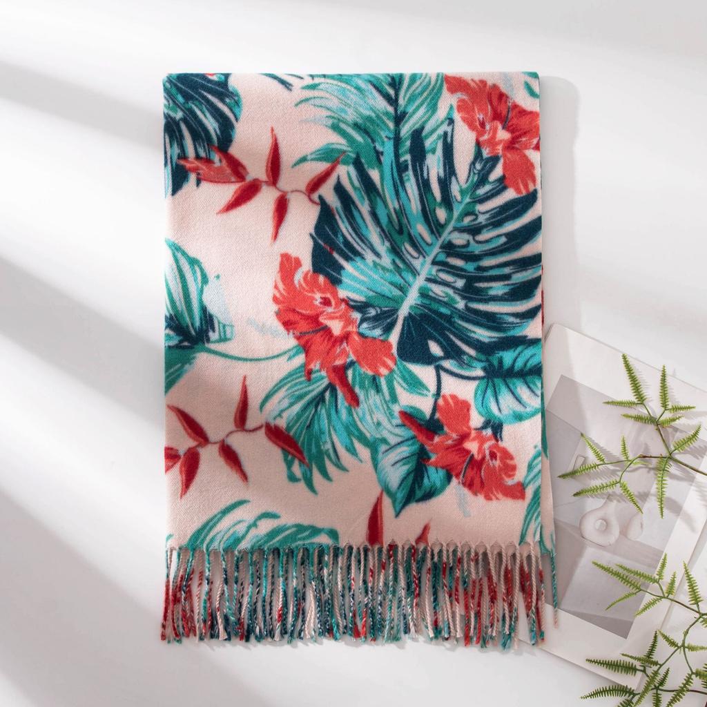 New Soft and Warm Imitation Cashmere Leaf Print Tassel Scarf High End Women's Scarf