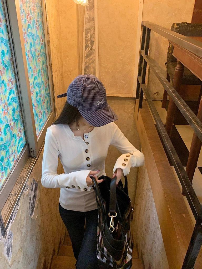 Women's Korean Style Henry Collar Button Long Sleeve Slim Fit T-shirt - Autumn/Winter Waist Cinched Sweet Spicy Girl Top