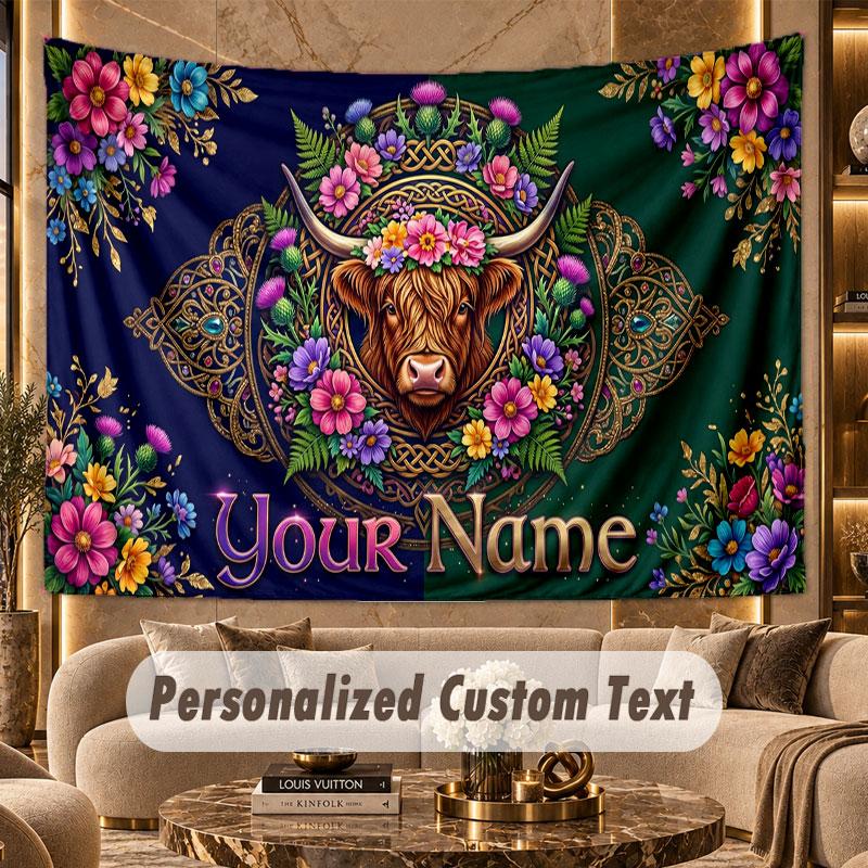 Highland Cow (68) Theme Personalized Tapestry Custom Name Text Wall Hanging Tapestry Home Background Decoration