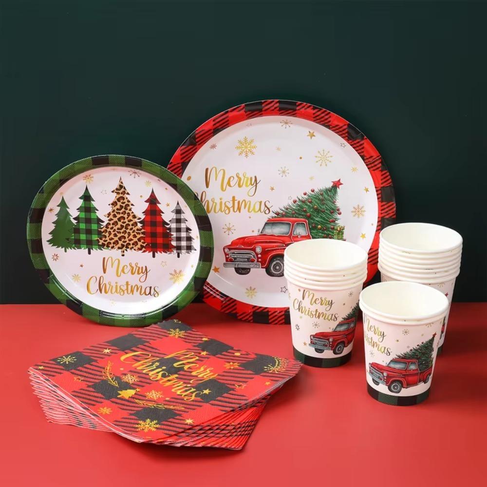 Plaid Print Party Dinnerware Set Car Pattern Disposable Paper Tableware  Navidad