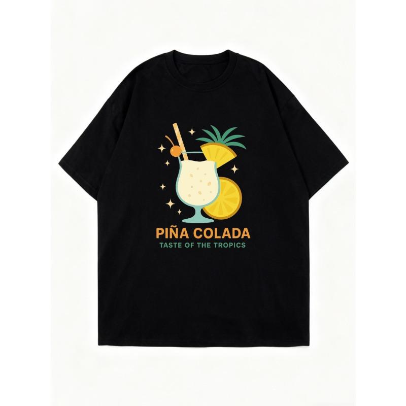 Koszulka Oversize Czarna Koktajl Pina Colada Ananas i Plaster Pomarańczy Nadruk Smak Tropików Tekst Letnia Odzież Wakacyjna na Plażę