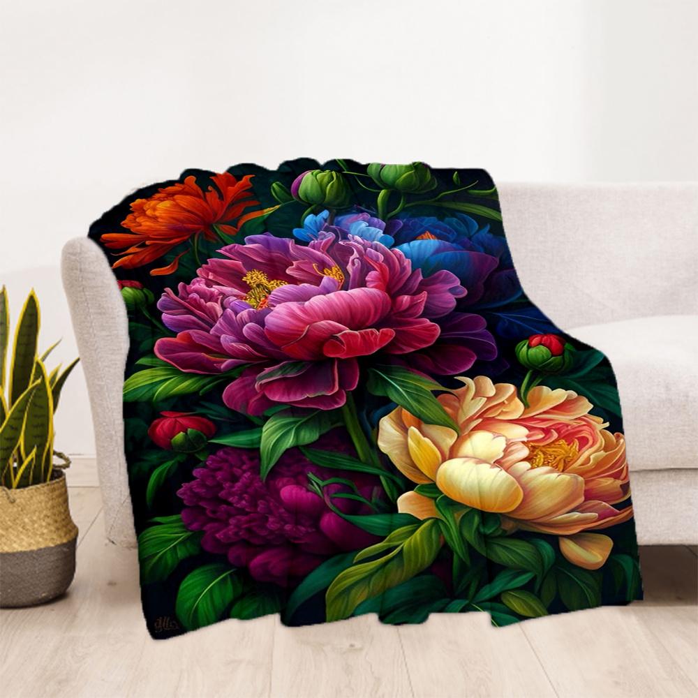 1pc Peonies, Floral Flannel Blanket, Comfortable and Warm Blanket, for Camping Sofa Bed and Couch Office048