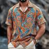 Camisa Masculina Vintage Boho Estampa Paisley Manga Curta, Top Étnico Retro Botão na Frente Primavera Verão