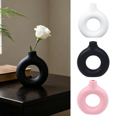 Vaso a forma di ciambella Vaso decorativo Portafiori in plastica effetto ceramica per decorazione del soggiorno, Centrotavola creativo per fiori freschi/secchi
