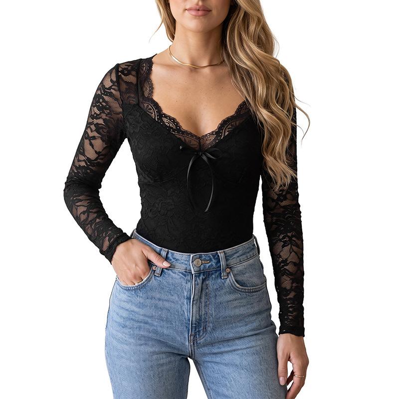 New Autumn-winter Sexy and Intense Style V-neck Bow-stringed Sheer One-piece Dress with See-through Effect