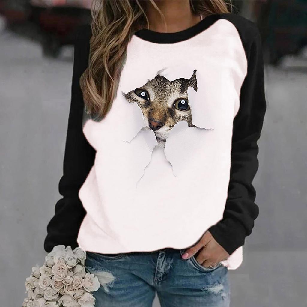 Large-sized New 3D Cute Cat Print Women's O-Neck Long Sleeve T-shirt Pullover Loose T-shirt Plus Size Casual Fashion Women's Top