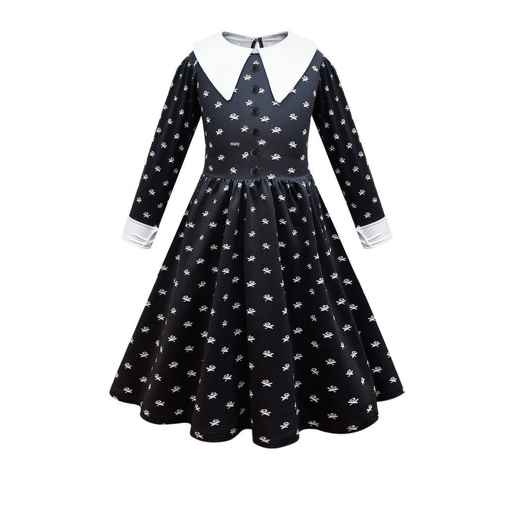 Abito da sera in rete da ragazza per cosplay della Famiglia Addams di Mercoledì con accessori (Taglia unica)