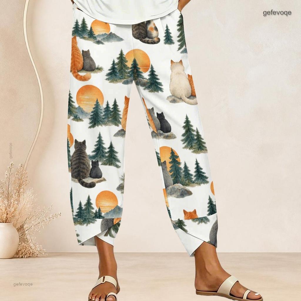 Women Plus Size Loose Deer And Leaf Printed Cross Hem Cropped Pants