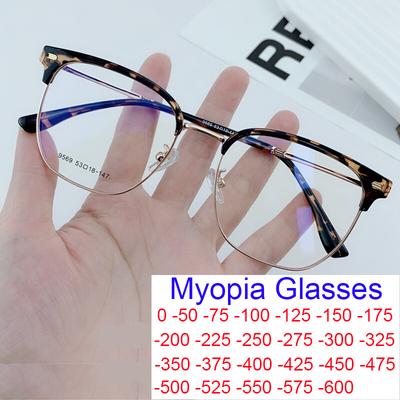 Ladies Myopia Glasses Retro Anti Blue Light Blocking Near Sight Eyewear Metal Half Frame Square Short-sight
