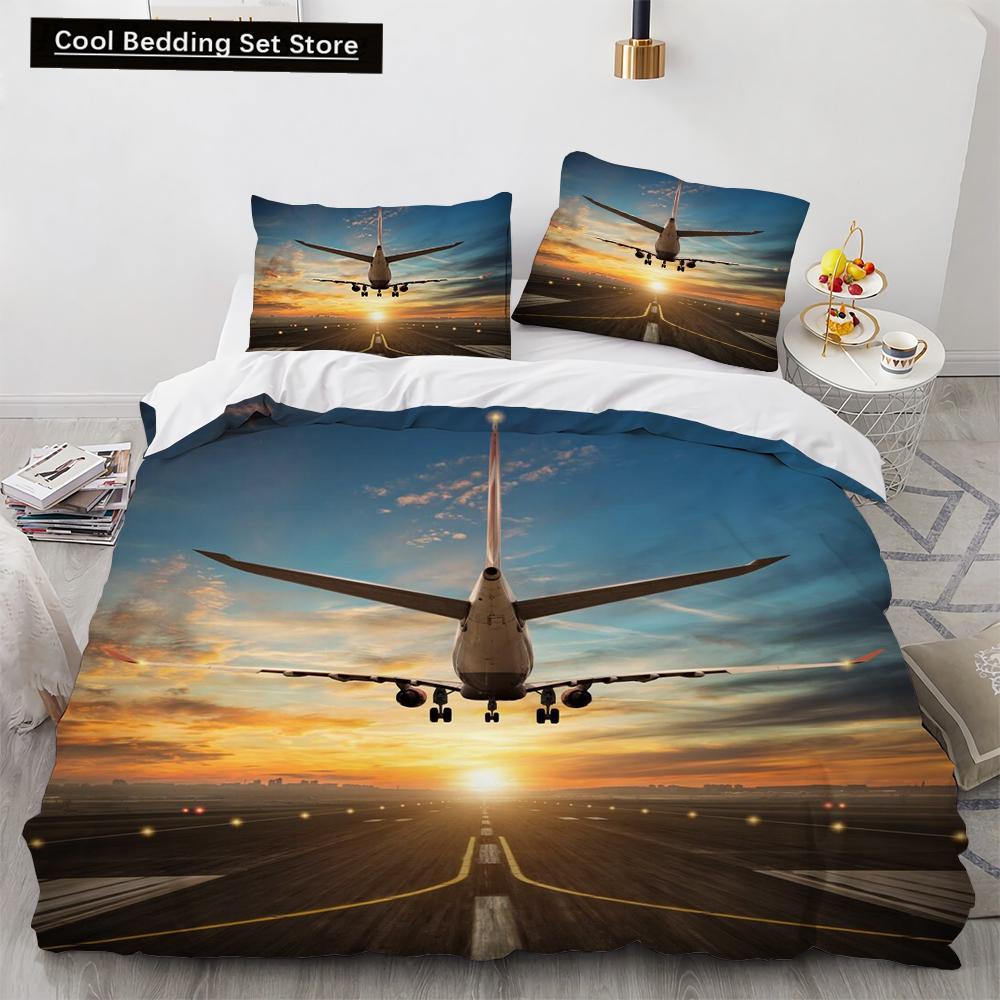 3D Airplane King Queen Duvet Cover Pink Airliner Bedding Set for Adults Sky Sea Natural Landscape 2/3pcs Polyester Quilt Cover