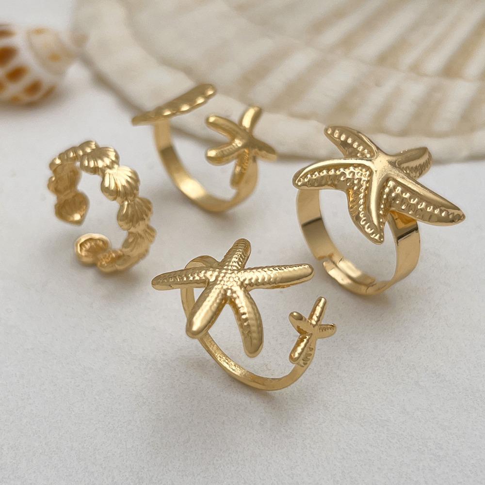 6pcs Set Exaggerated Personality Summer Starfish Shells Sun Flower Rings for Women Retro Irregular Charm Finger Jewelry Set Gift