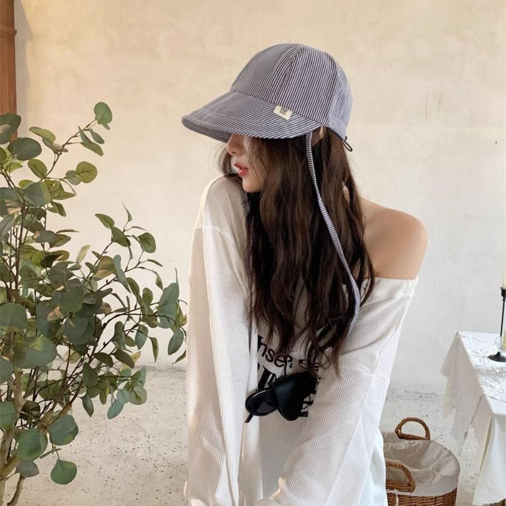 Wide Brim Striped Peaked Cap Drawstring Women Sun Hat Foldable Sunscreen Baseball Hat  Sports
