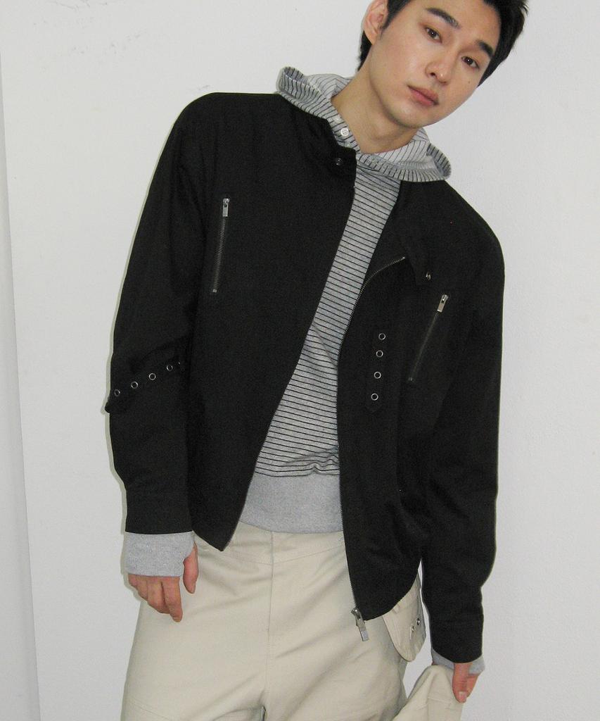 Placestudioman Eyelet Belted Detail Neck Button Blouson Oversized Cotton Jacket _3 Colors