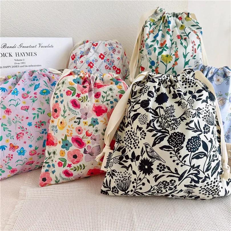 Portable Organizer for Underwear Socks Bra Cotton Makeup Bag Travel Drawstring Bags Ins Flower Print Clothes Cosmetic Bags
