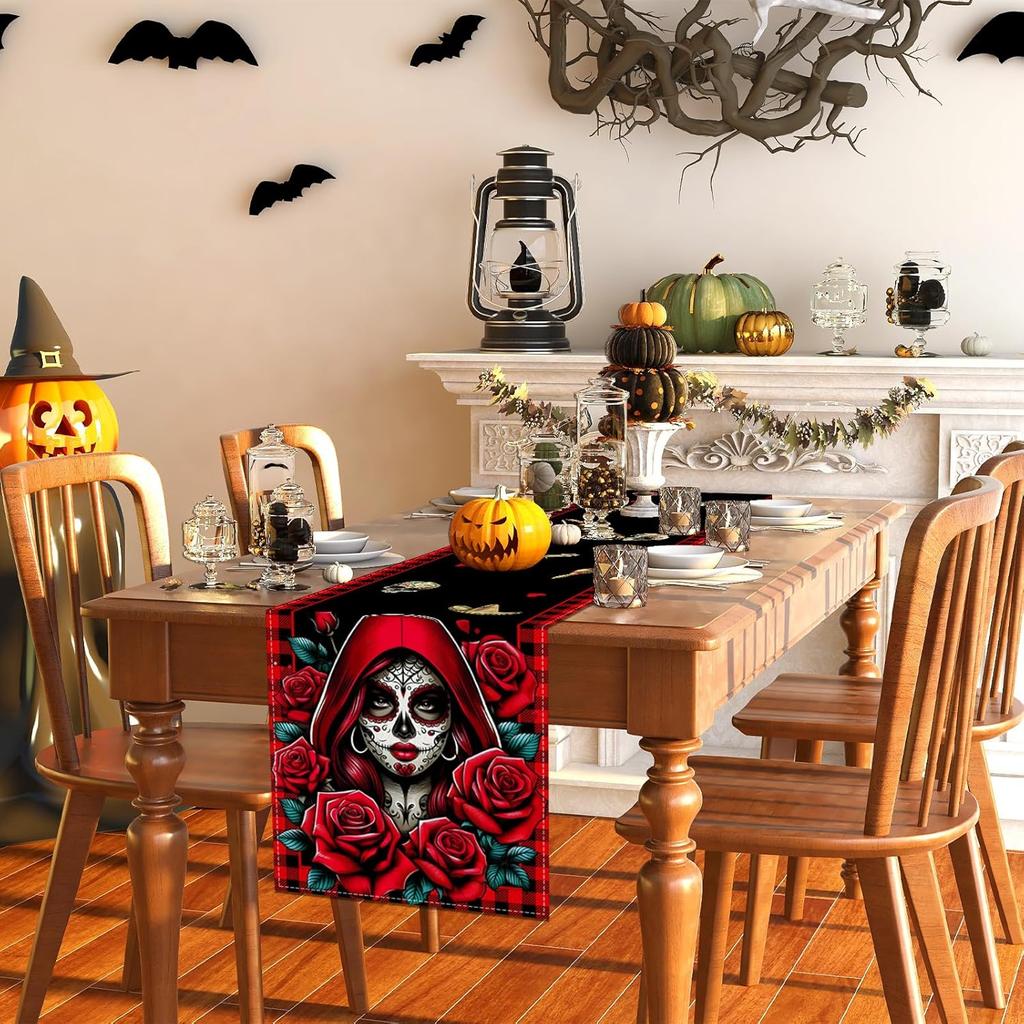 Day of The Dead Table Runner Dia De Los Muertos Tablecloth Sugar Skull Roses Mexican Fiesta Halloween Party Decoration and Supplies for Home Kitchen