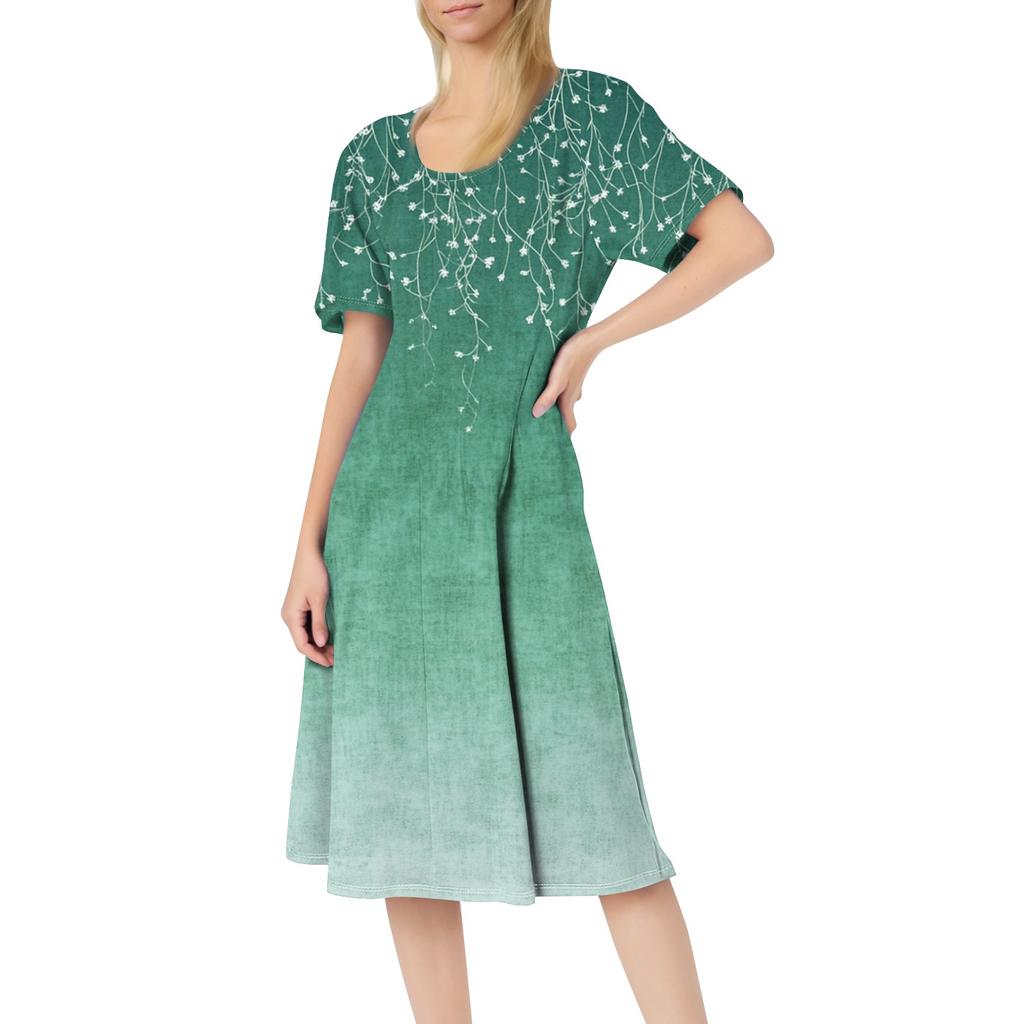 Rochie midi ocazională cu mâneci scurte cu gât rotund și imprimeu