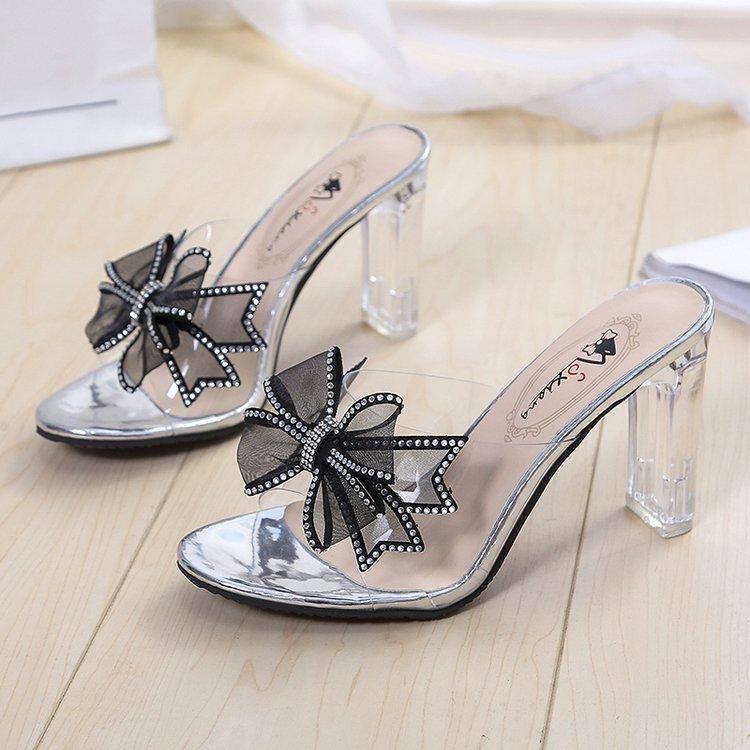 Cool slippers outer thick heel summer high heel transparent one-word slippers crystal and half-tow bow