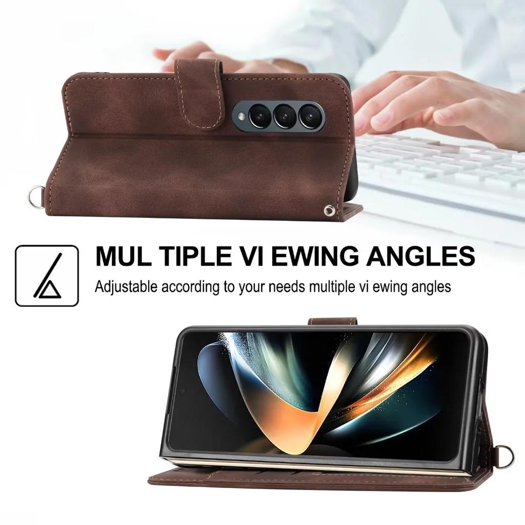 Lanyard Hinge Leather Wallet Case for Samsung Galaxy Z Fold 7 6 5 4 3 Fold7 Fold6 5G Card Holder Crossbody Phone Cover