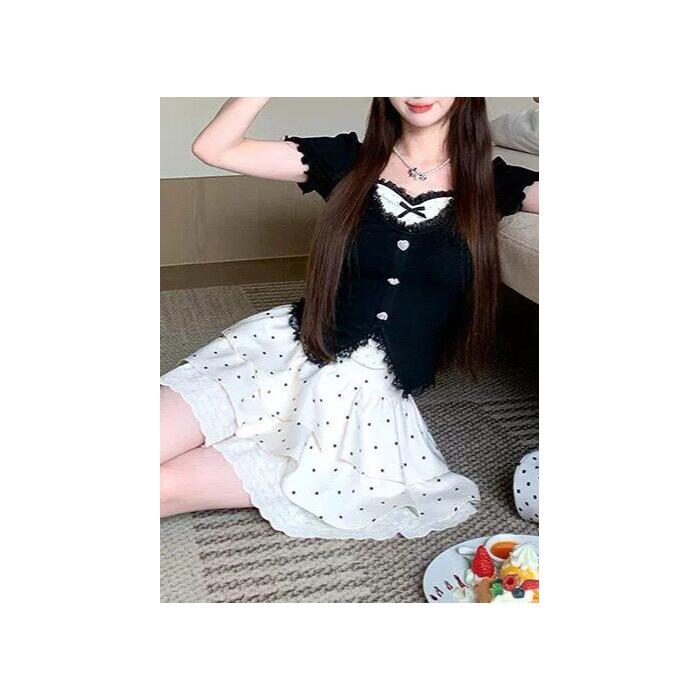 Sweet and fashionable fake two-piece top waist skirt two-piece set summer Japanese soft girl t-shirt tutu skirt set women S