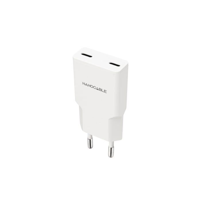 Chargeur USB-C 20W - Nano Cable - 2x USB-C PD - Blanc - 81x36x15 mm - Charge rapide - Protection court-circuit - Voyage