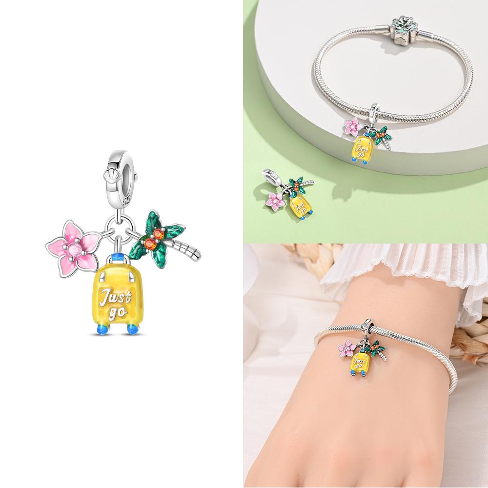 Original Charms Copper Pink High Heels Girl'S Suitcase Airplane Bag Beads Fit Bracelet Delicate Women Diy Holiday Gift