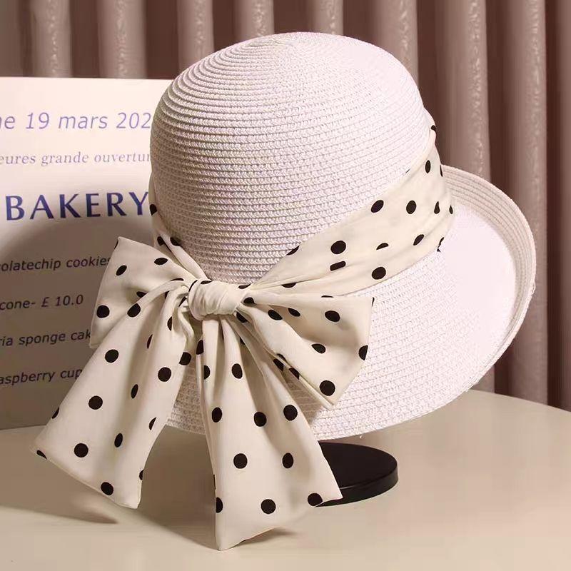 Polka Dot Straw Sun Hat Bowknot Wide Brim Casual Sun Protection Hats Stylish Breathable Foldable Beach Hat for Women