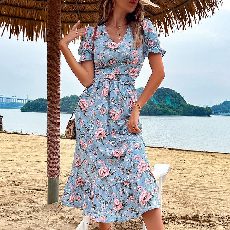 

2025 new summer seaside vacation retro sweet wind v-neck dress XL синій