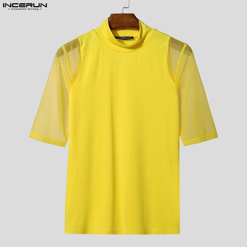 INCERUN Men's Sexy Short Sleeve Turtleneck Slim Fit See Through Mesh T-Shirt Muscle Tops Party Clubwear