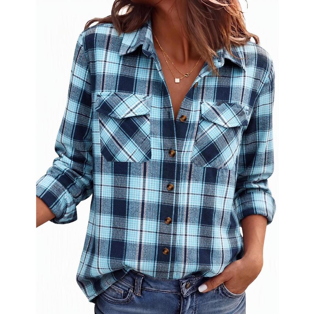 Giacca Camicia Casual da Donna a Quadri con Maniche Lunghe e Collo a Revers