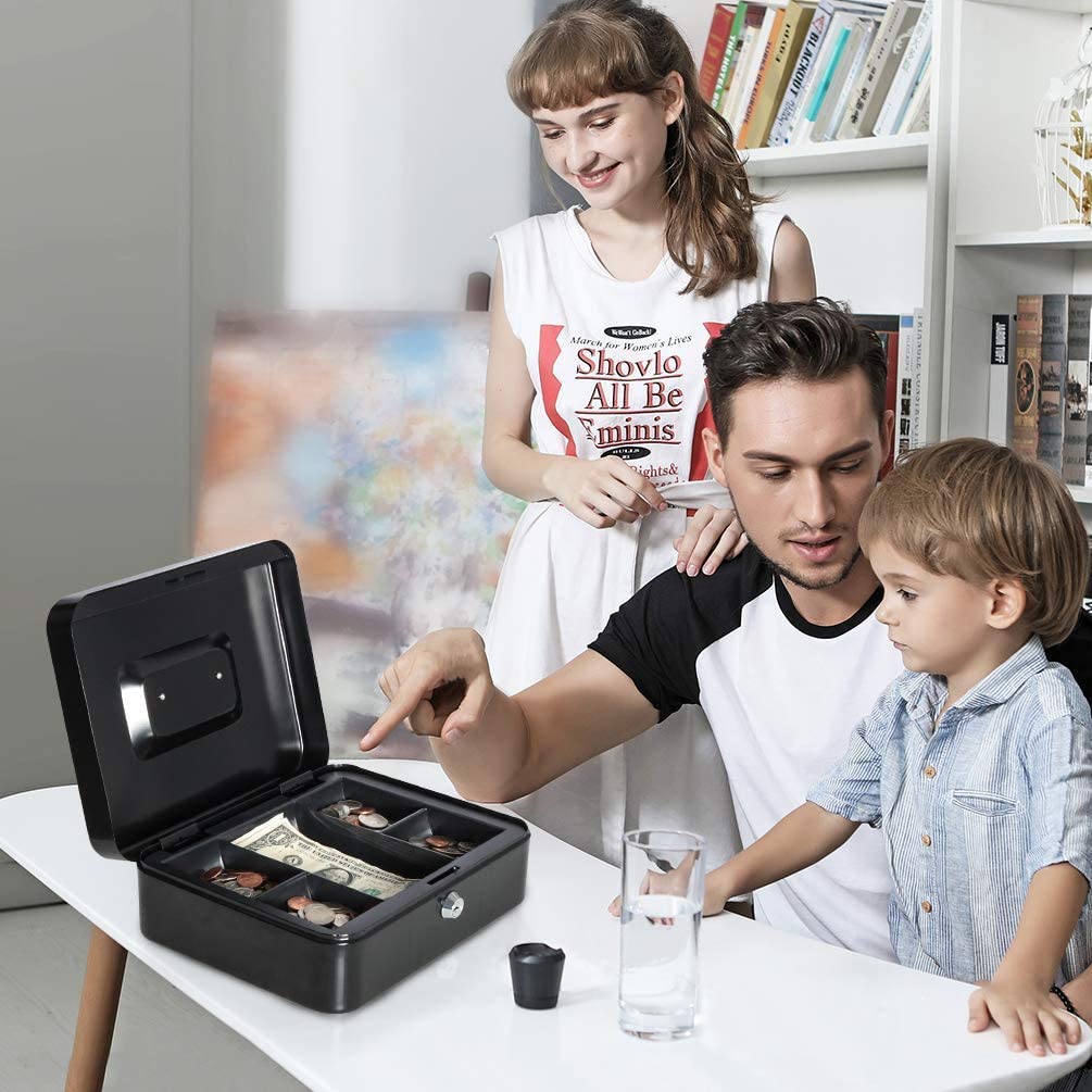 Alloy Steel Cash Box with Key Lock, Money and Coin Organizer for Shop, Office and Home, Black, 18 X 15 X 8 Centimeters
